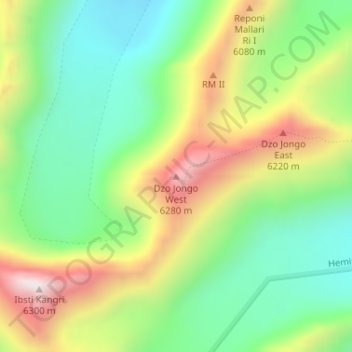 Mappa topografica Dzo Jongo West, altitudine, rilievo