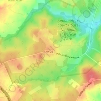 Mappa topografica Appomattox Court House, altitudine, rilievo