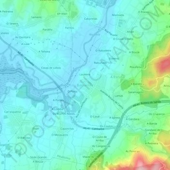 Mappa topografica Barrantes, altitudine, rilievo