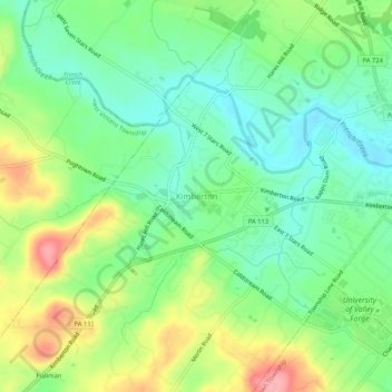 Mappa topografica Kimberton, altitudine, rilievo