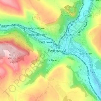 Mappa topografica Maesycoed, altitudine, rilievo