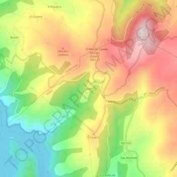 Mappa topografica Covelo, altitudine, rilievo