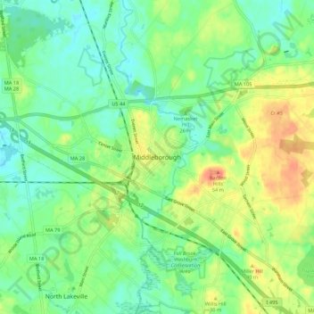 Mappa topografica Middleborough, altitudine, rilievo