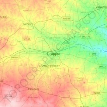 Mappa topografica Tiruppur, altitudine, rilievo