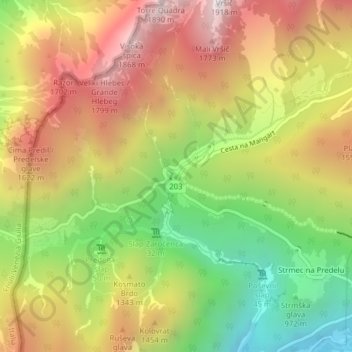 Mappa topografica Mangartski slap, altitudine, rilievo