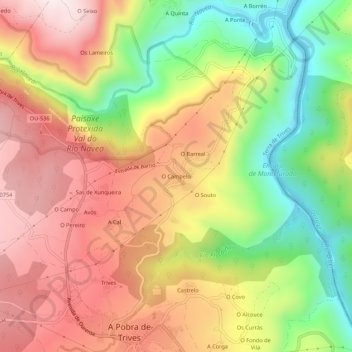 Mappa topografica O Campelo, altitudine, rilievo