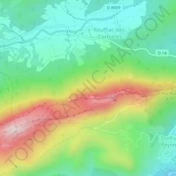 Mappa topografica Peyrepertuse, altitudine, rilievo