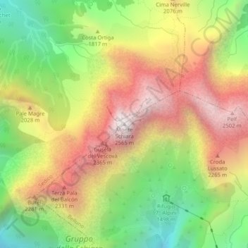 Mappa topografica Monte Schiara, altitudine, rilievo