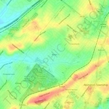 Mappa topografica Roslyn, altitudine, rilievo