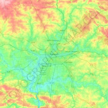 Mappa topografica Rennes, altitudine, rilievo