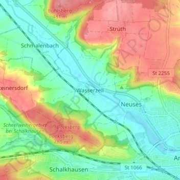 Mappa topografica Wasserzell, altitudine, rilievo