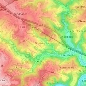 Mappa topografica Günterscheid, altitudine, rilievo
