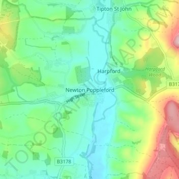 Mappa topografica Newton Poppleford, altitudine, rilievo