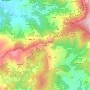 Mappa topografica dinapani, altitudine, rilievo