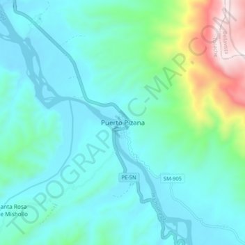 Mappa topografica Puerto Pizana, altitudine, rilievo