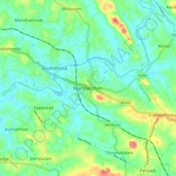 Mappa topografica Marthandam, altitudine, rilievo