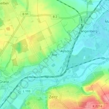 Mappa topografica Aue, altitudine, rilievo