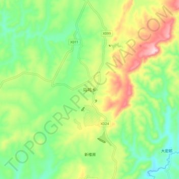Mappa topografica 马鸣乡, altitudine, rilievo