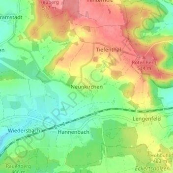 Mappa topografica Neunkirchen, altitudine, rilievo