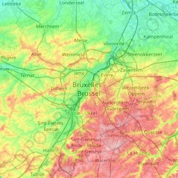 Mappa topografica Bruxelles, altitudine, rilievo
