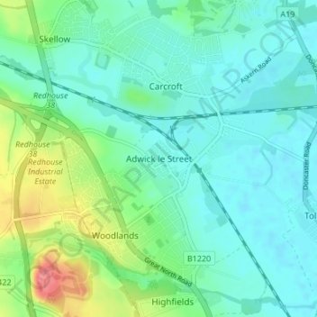 Mappa topografica Adwick le Street, altitudine, rilievo