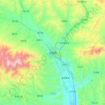Mappa topografica 大通县, altitudine, rilievo