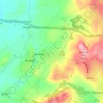 Mappa topografica Bignall End, altitudine, rilievo
