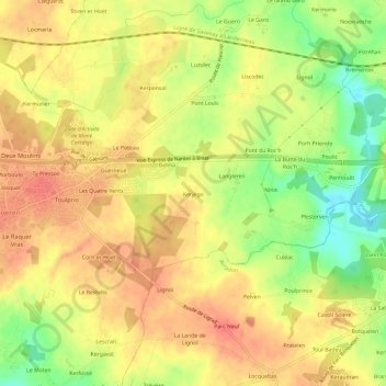 Mappa topografica Kerjégo, altitudine, rilievo