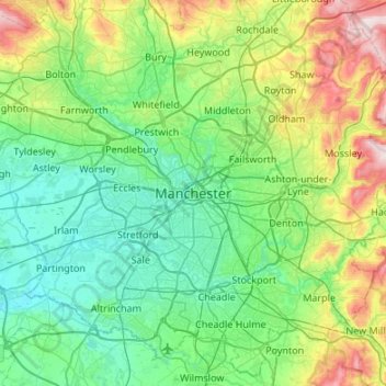 Mappa topografica Manchester, altitudine, rilievo