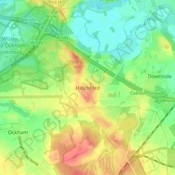 Mappa topografica Hatchford, altitudine, rilievo