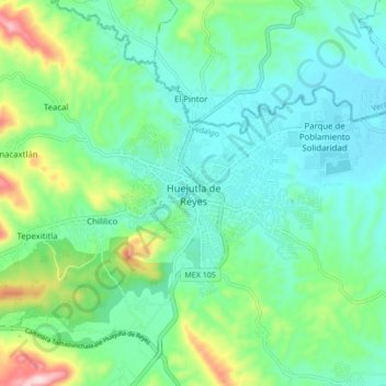 Mappa topografica Huejutla de Reyes, altitudine, rilievo