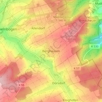 Mappa topografica Berghausen, altitudine, rilievo