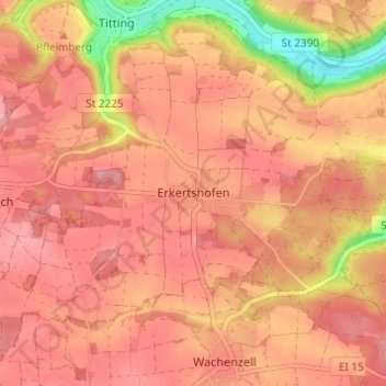 Mappa topografica Erkertshofen, altitudine, rilievo