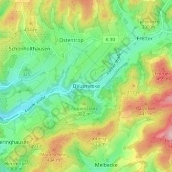 Mappa topografica Deutmecke, altitudine, rilievo