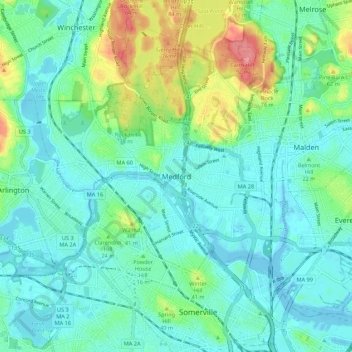 Mappa topografica Medford, altitudine, rilievo