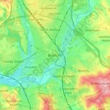Mappa topografica Watford, altitudine, rilievo