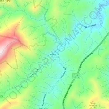 Mappa topografica Rocky Fork, altitudine, rilievo