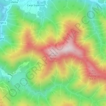 Mappa topografica Monte Bano, altitudine, rilievo