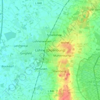 Mappa topografica Lohne (Oldenburg), altitudine, rilievo