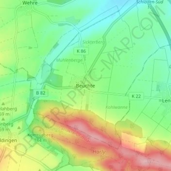 Mappa topografica Beuchte, altitudine, rilievo