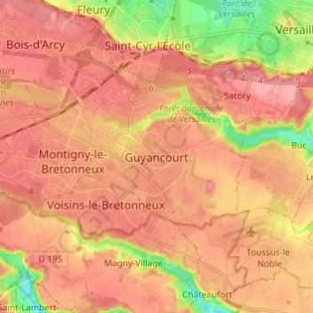 Mappa topografica Guyancourt, altitudine, rilievo