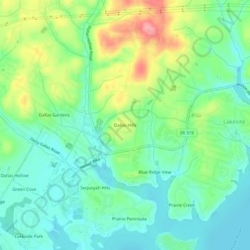 Mappa topografica Dallas Hills, altitudine, rilievo