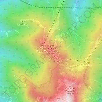 Mappa topografica Monte Lussari, altitudine, rilievo