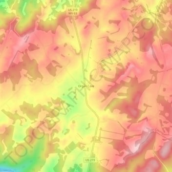 Mappa topografica Organ Cave, altitudine, rilievo