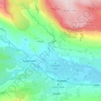 Mappa topografica Hardraw, altitudine, rilievo