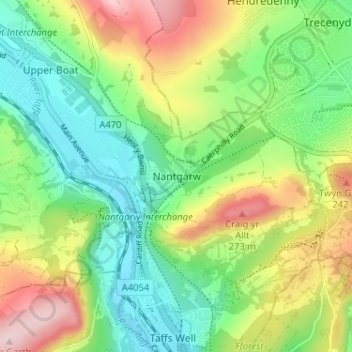 Mappa topografica Nantgarw, altitudine, rilievo