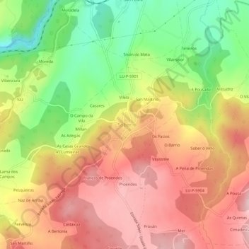 Mappa topografica Sober, altitudine, rilievo