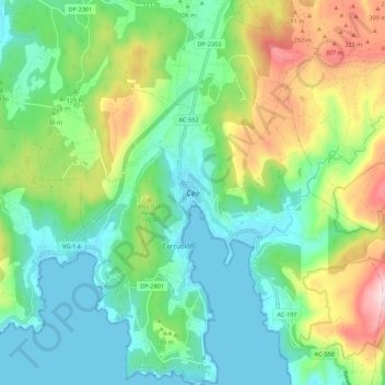 Mappa topografica Cee, altitudine, rilievo