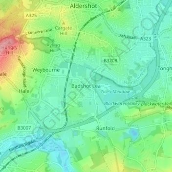 Mappa topografica Badshot Lea, altitudine, rilievo