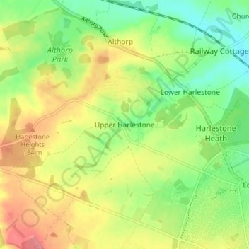 Mappa topografica Upper Harlestone, altitudine, rilievo